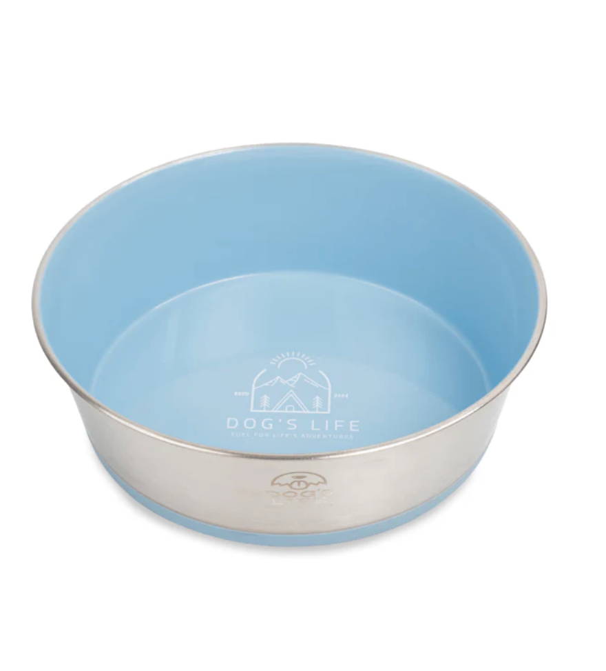 Dogs life stainless steel bowl fuel for adventure blue S